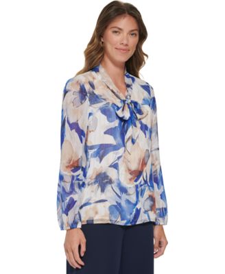 DKNY - Petite Printed Tie-Neck Long-Sleeve Blouse