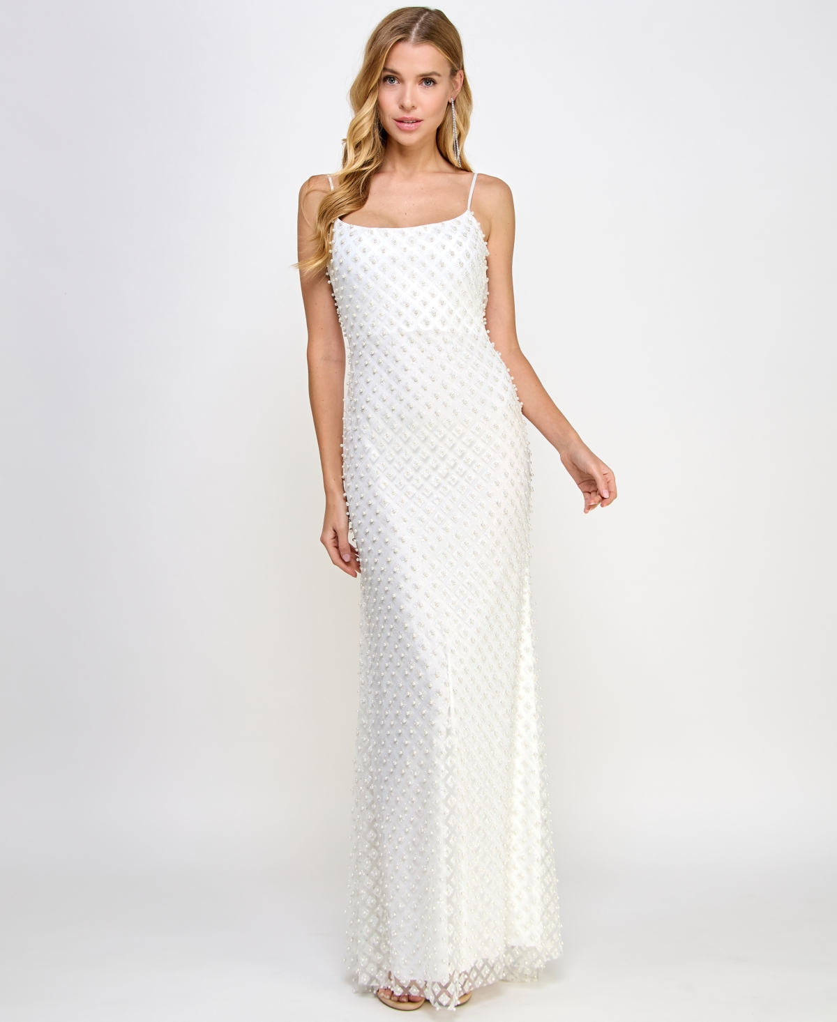 Juniors' Glitter and Faux-Pearls Open-Back Gown - Off White/ Iridescent