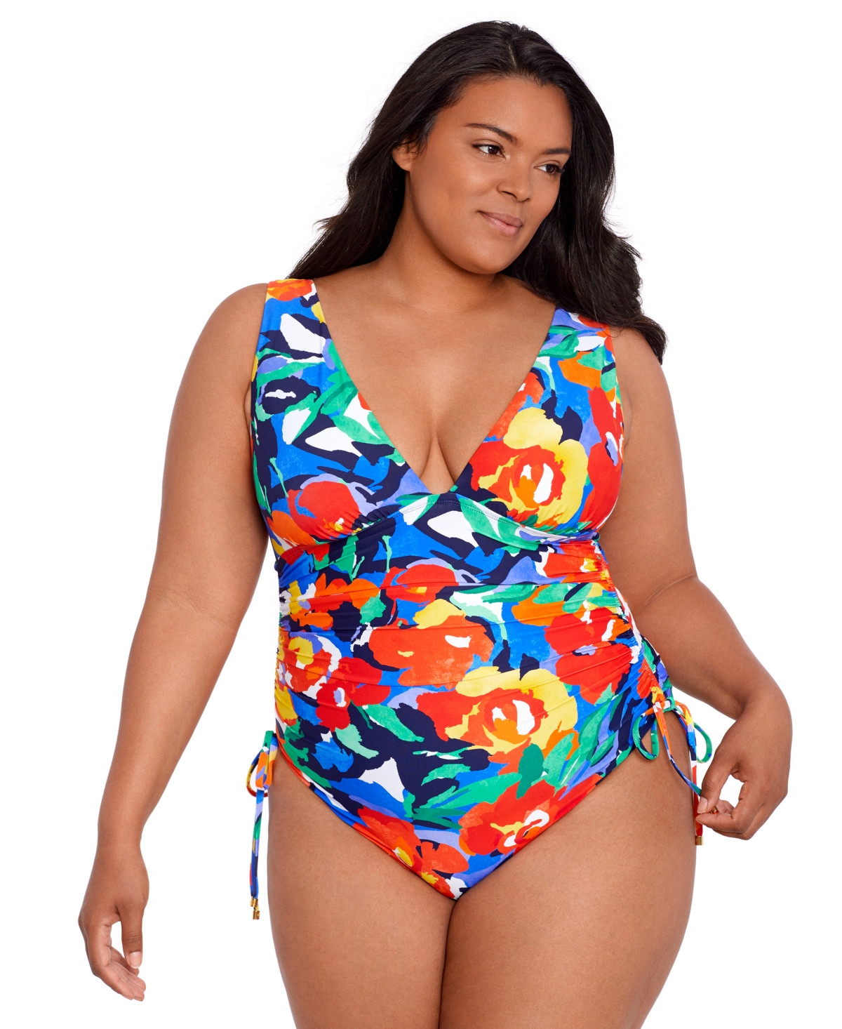Lauren Ralph Lauren Plus Size Side-shirred One-piece Swimsuit In Bold Abstract