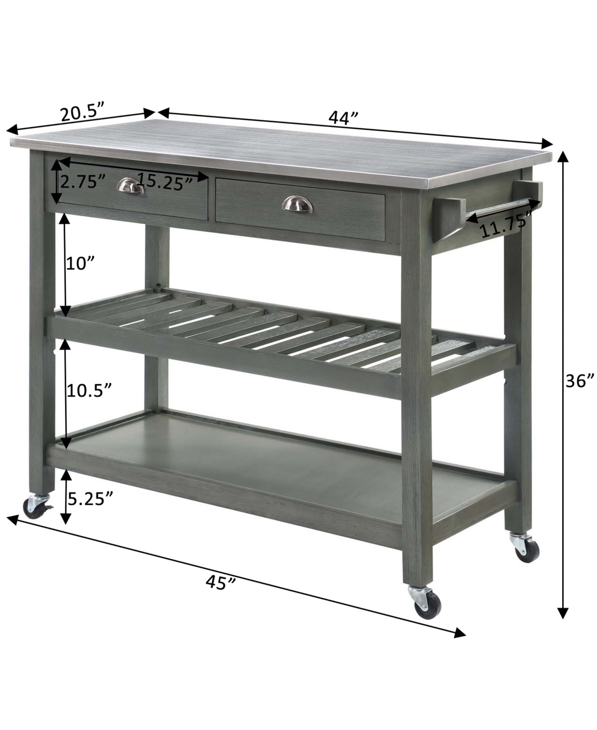 Convenience Concepts American Heritage Medium Density Fiberboard (Mdf) 3 Tier Stainless Steel Kitchen Cart - Stainless Steel