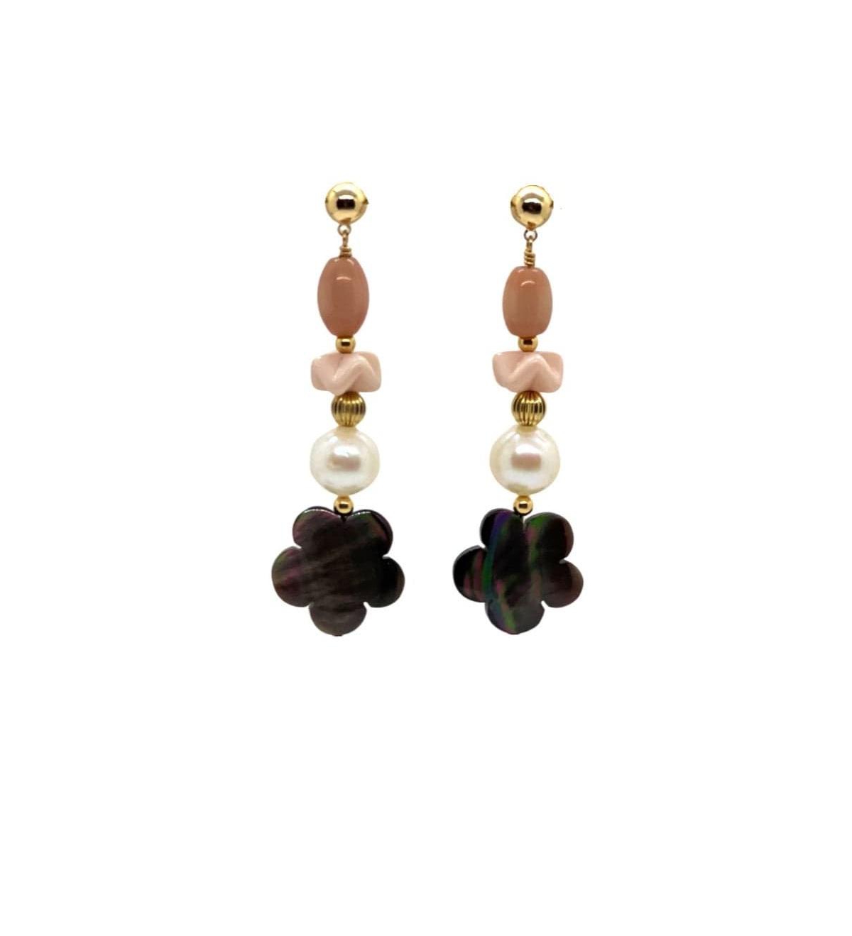 Tahitian Flower Earrings - Pink white iridescent black  gold