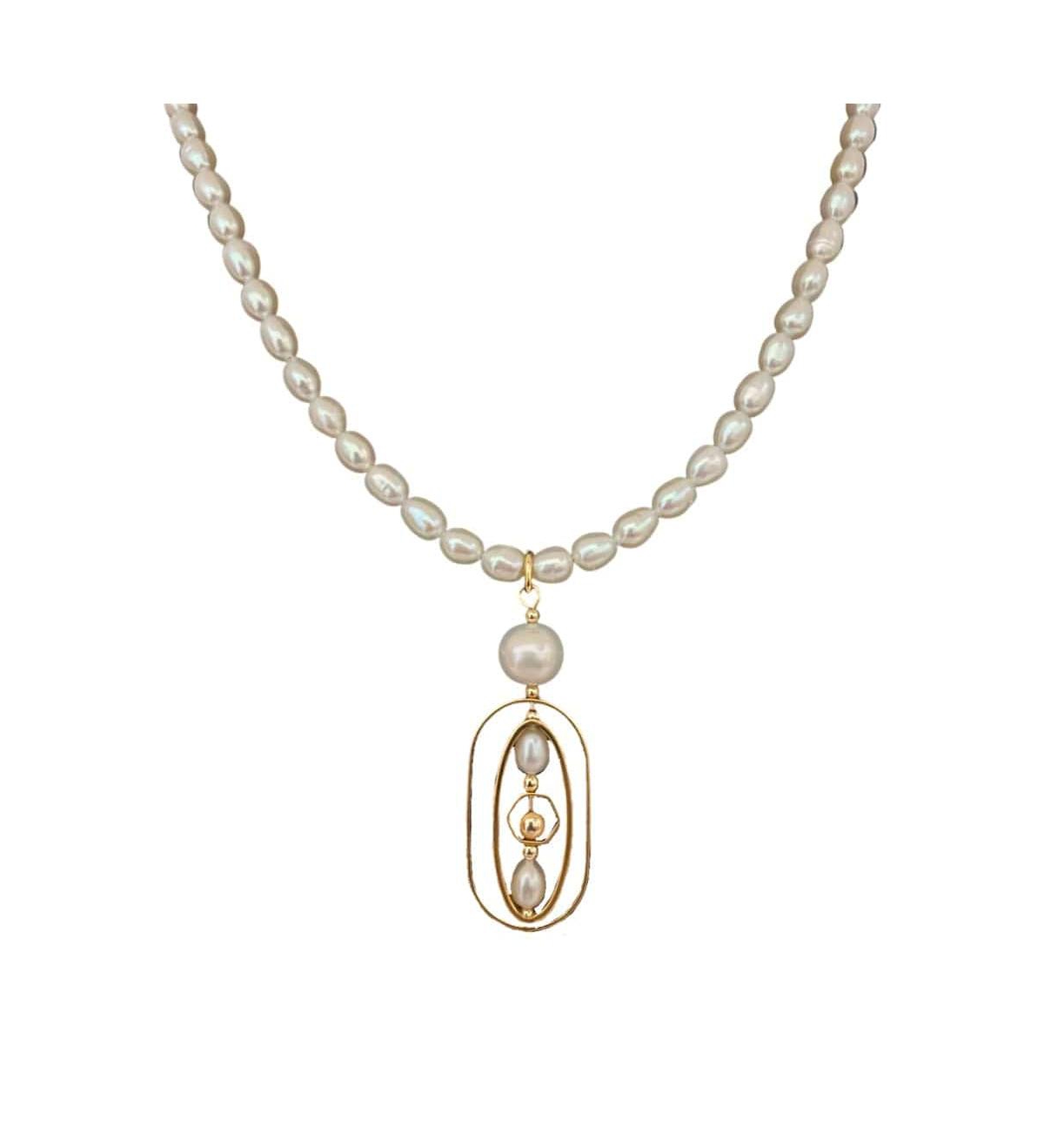 Pearls Geometric Pendant Statement Necklace - White and gold