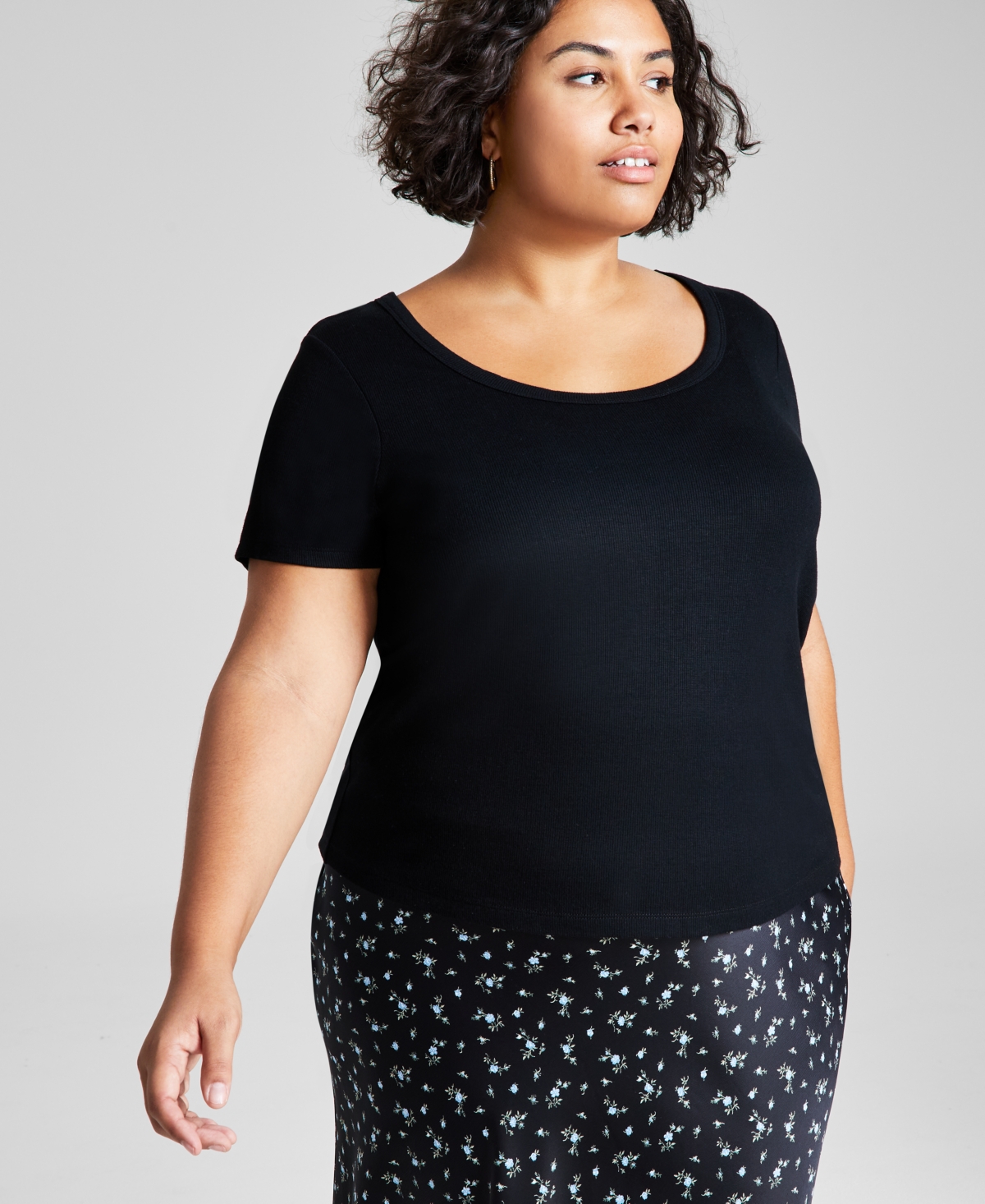 And Now This Trendy Plus Size Scoop-neck Short-sleeve Top In Black