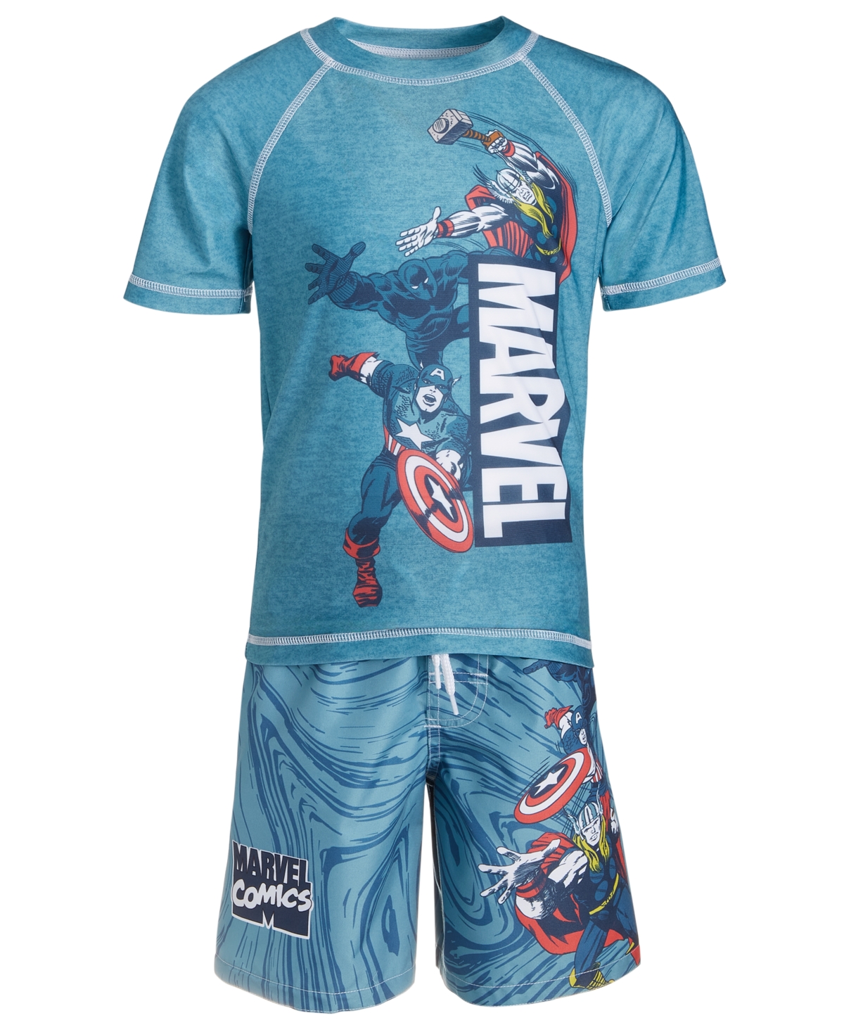 Shop Marvel Little Boys Rash Guard & Swim Trunks, 2 Piece Set In Blue