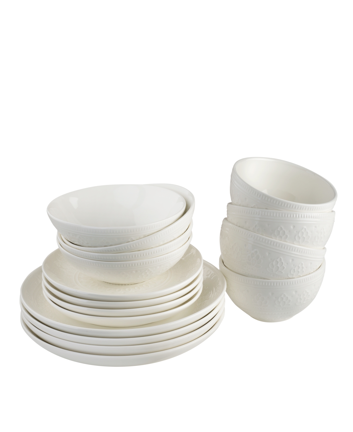 Euro Ceramica Fez 16 Piece Double Bowl Dinnerware Set, Service For 4 In White
