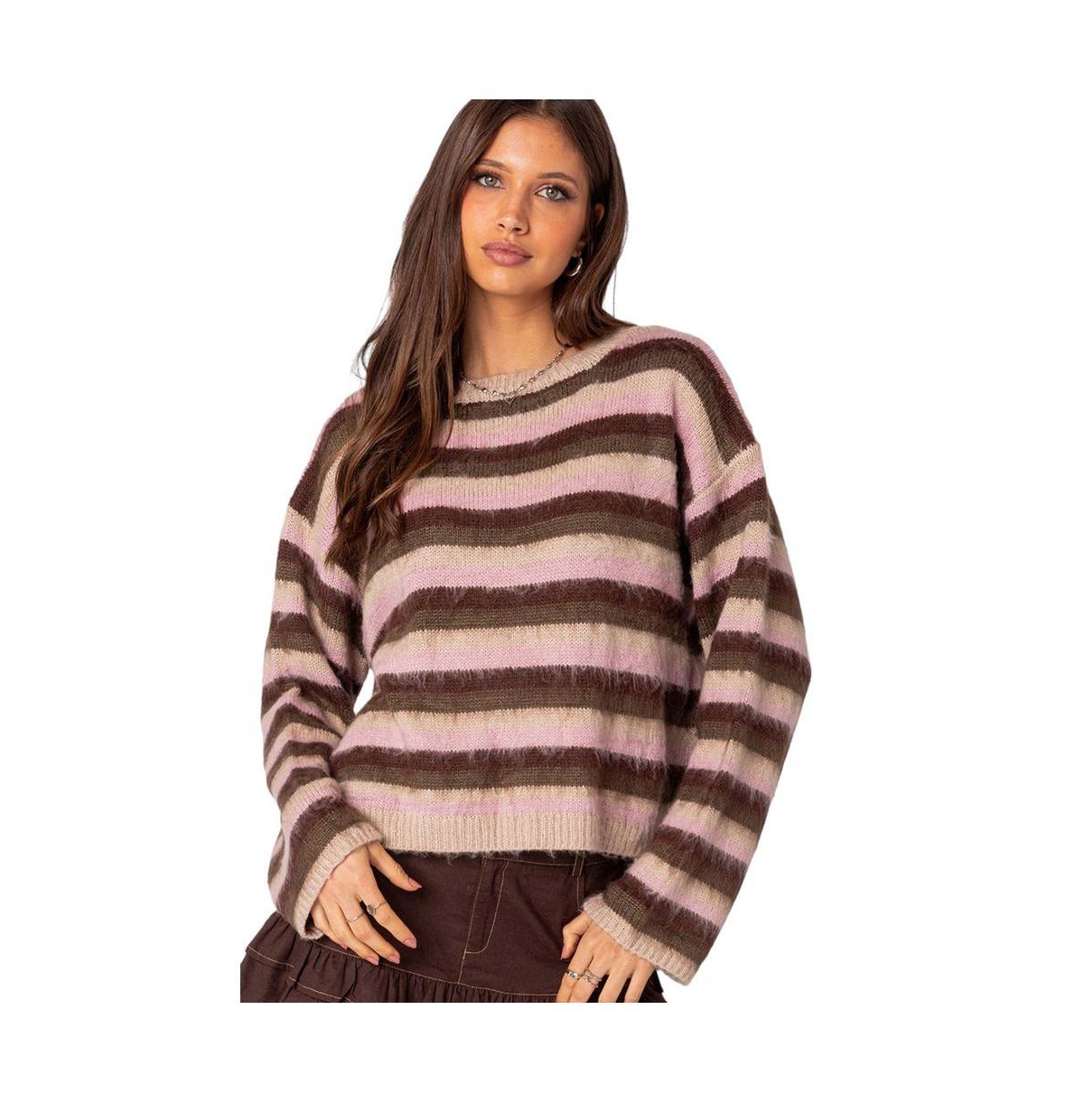 Women's Oversized fuzzy striped sweater - Brown beige stripes