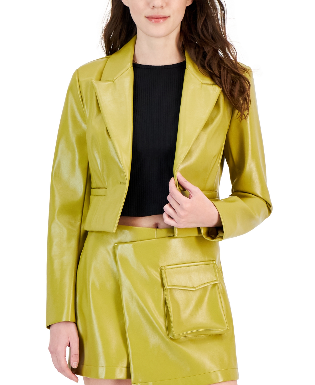 Shop Avec Les Filles Women's Faux Leather Cropped One-button Blazer In Warm Green