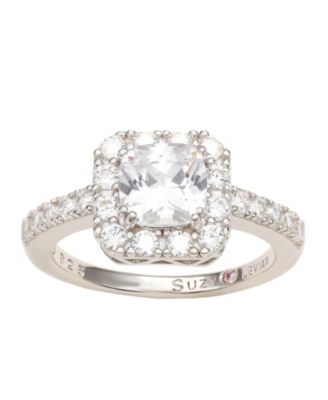 Suzy Levian Sterling Silver Emerald Cut Cubic Zirconia Halo Center Stone Ring