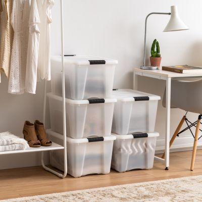 6 Pack 40qt Plastic Storage Bin with Lid and Secure Latching Buckles, Pearl