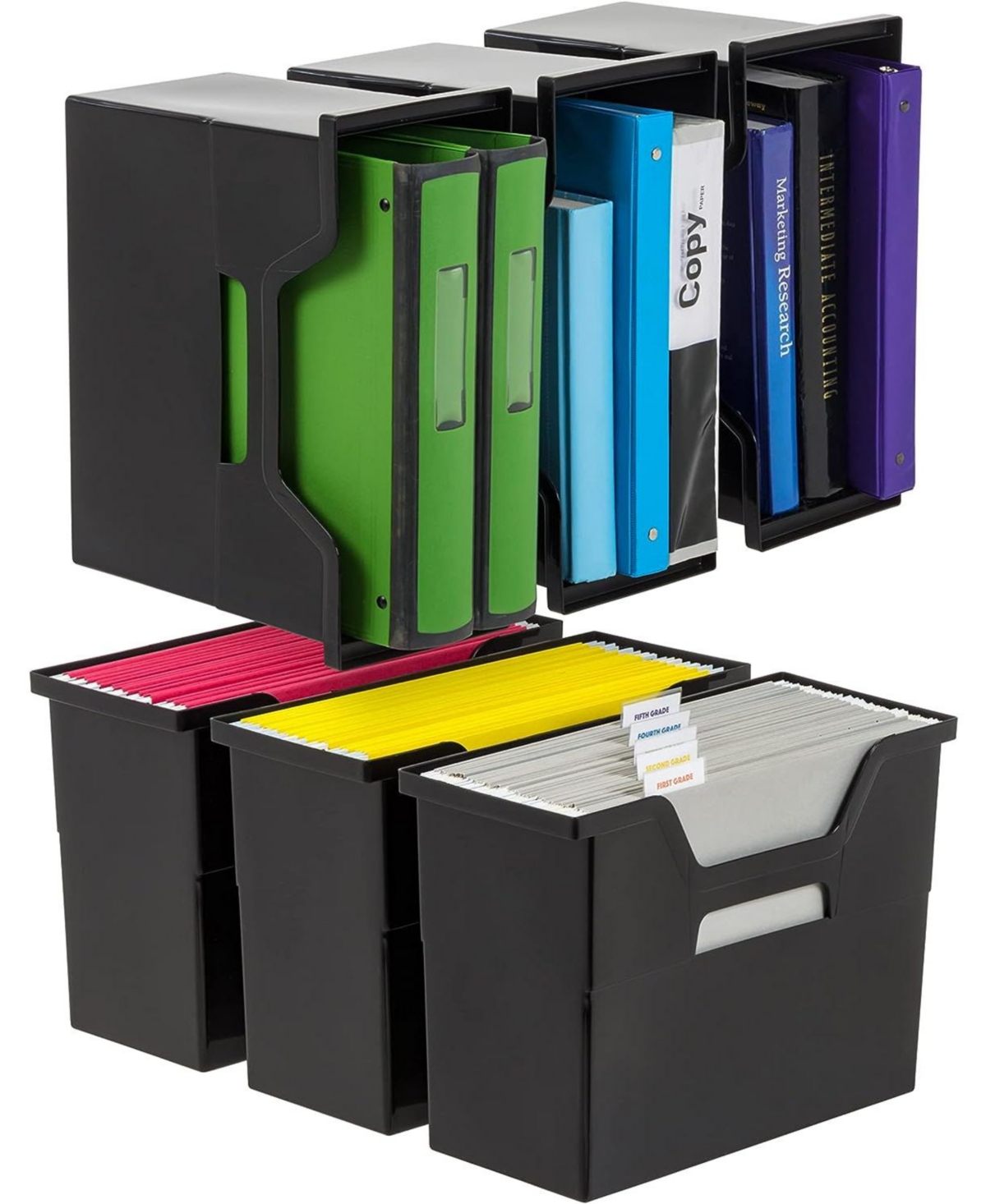 Medium Portable Desktop File Box, Black - 6 Pack, Side Handles, Hanging File Folders, Tabs & Inserts, Letter Size - Black