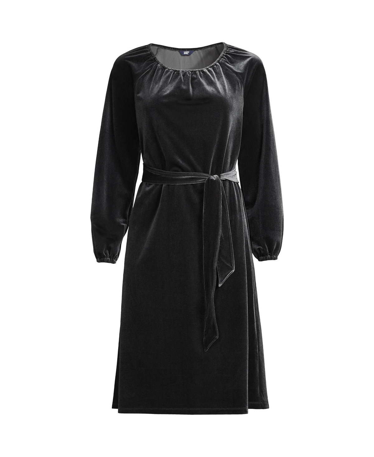 Women's Plus Size Velvet Peasant Knee Length Dress - Black
