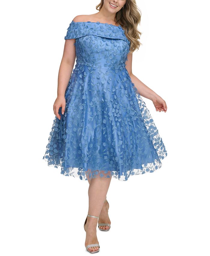 Eliza J Plus Size 3D Floating Flowers Off The Shoulder Midi Dress