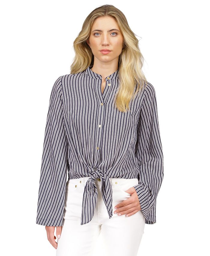 Michael Kors Women's Striped Button-Front Tie-Hem Top - Macy's
