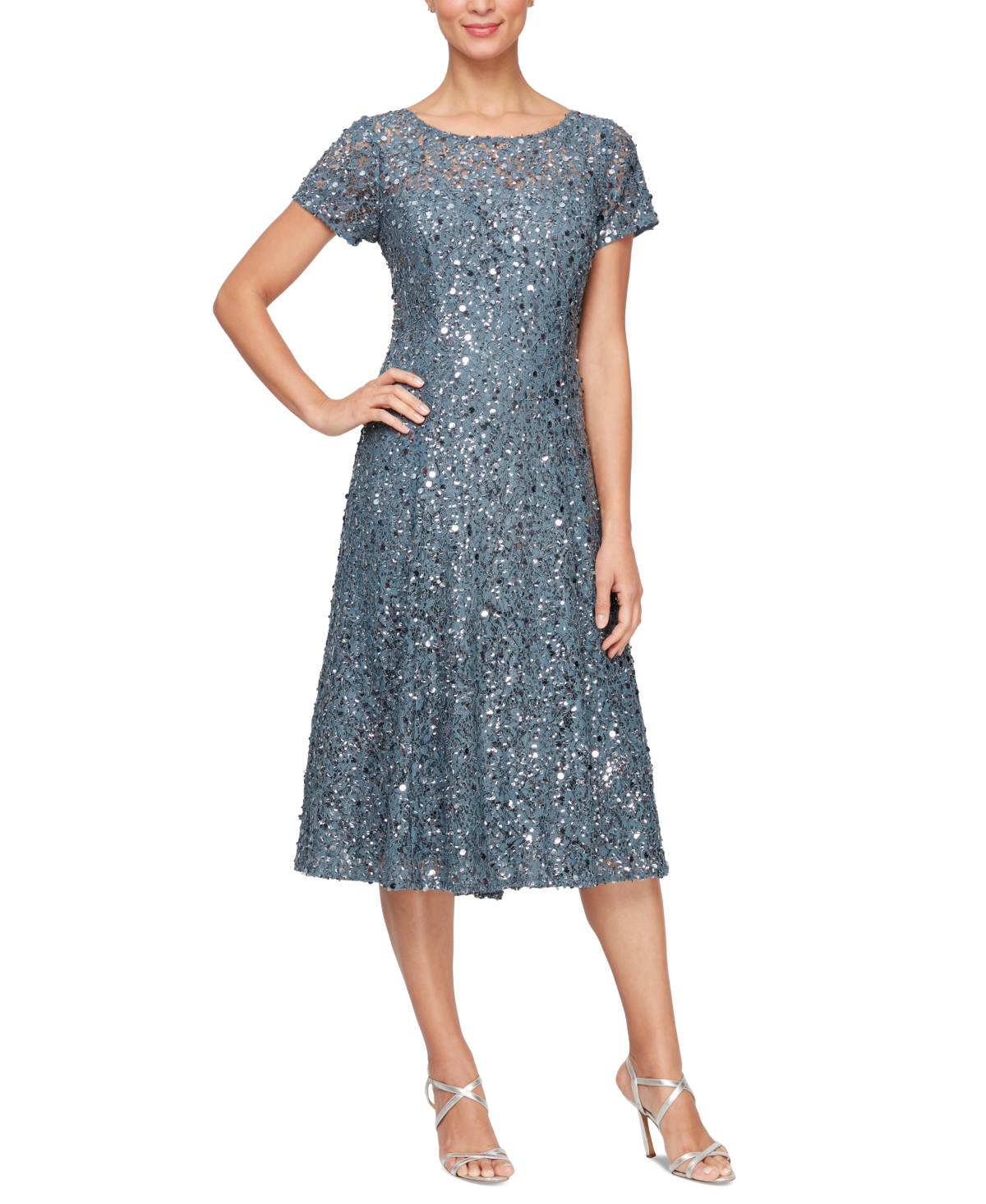 Sl Fashions Women's Sequined Embroidered A-line Dress In Steel Blue