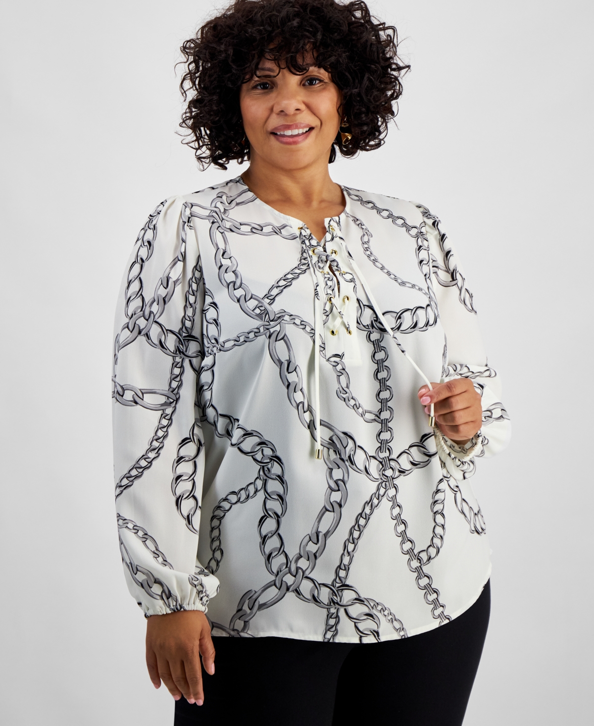 Inc International Concepts Plus Size Chain-print Lace-up-neck Top, Created For Macy's In Chloe Chain