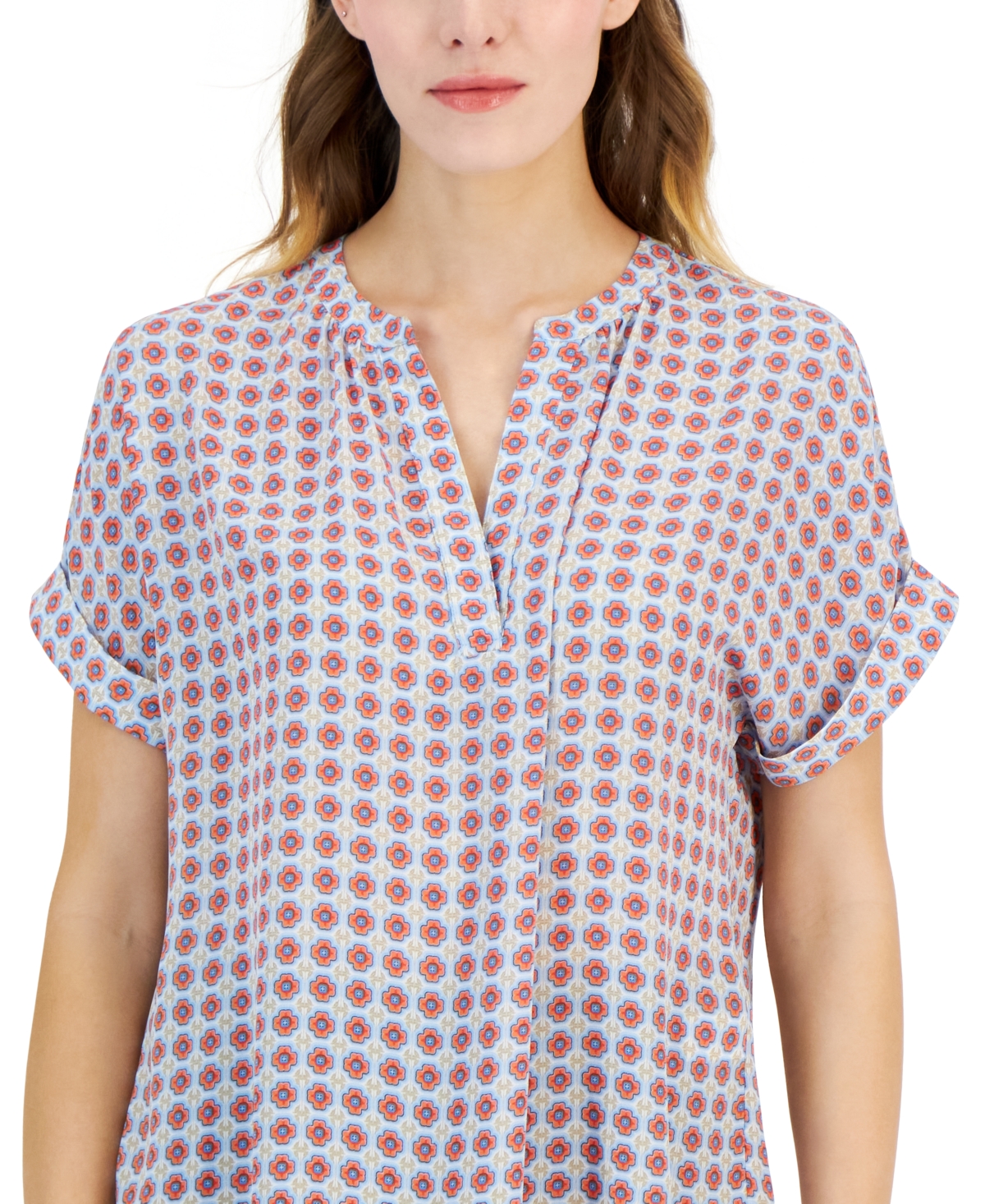 T Tahari Women's Printed Split-Neck Rolled-Cuff Top