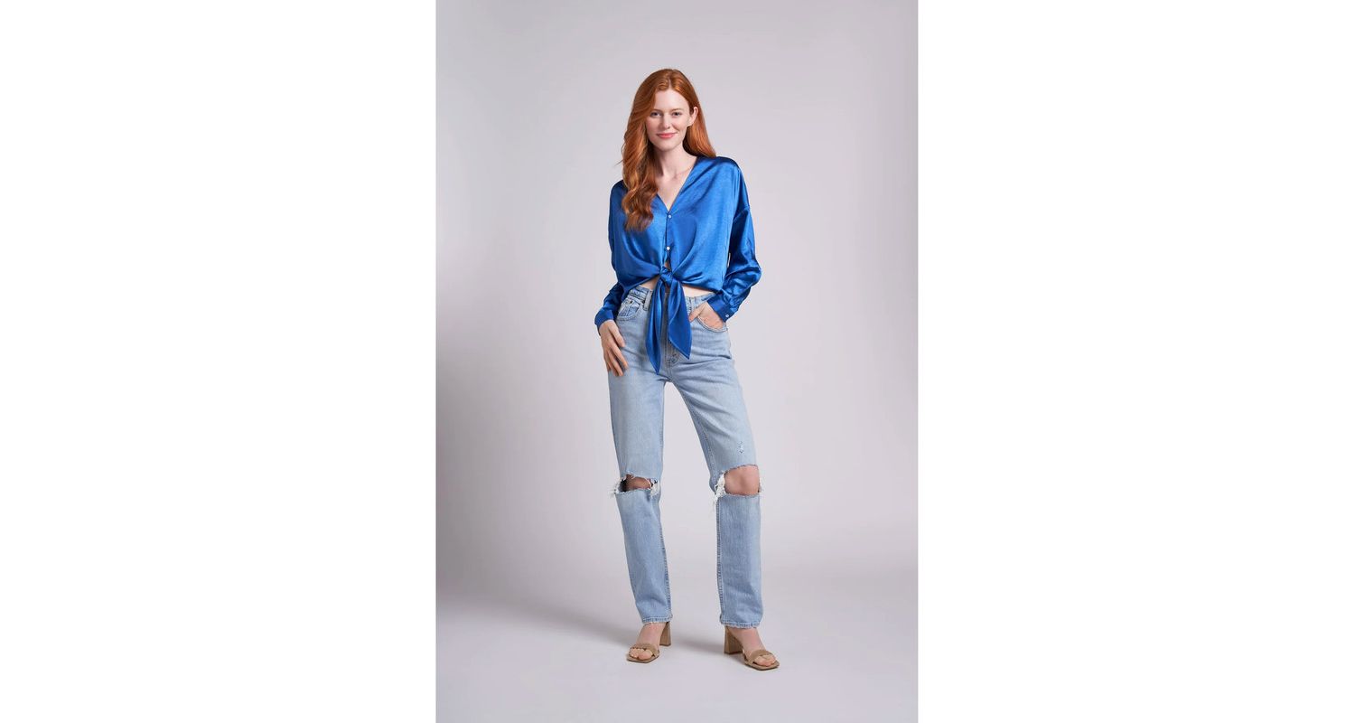 Women's Emma Oversized Crinkled Satin Button and Tie Front Cropped Blouse