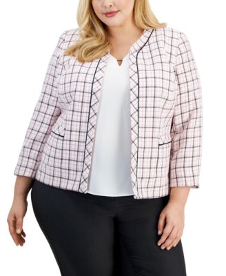 Kasper - Plus Size Plaid Framed Collarless Jacket