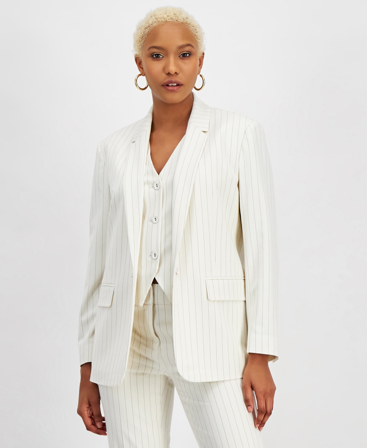 Women's Pinstripe Single-Breasted Blazer, Created for Macy's - Bar White/black