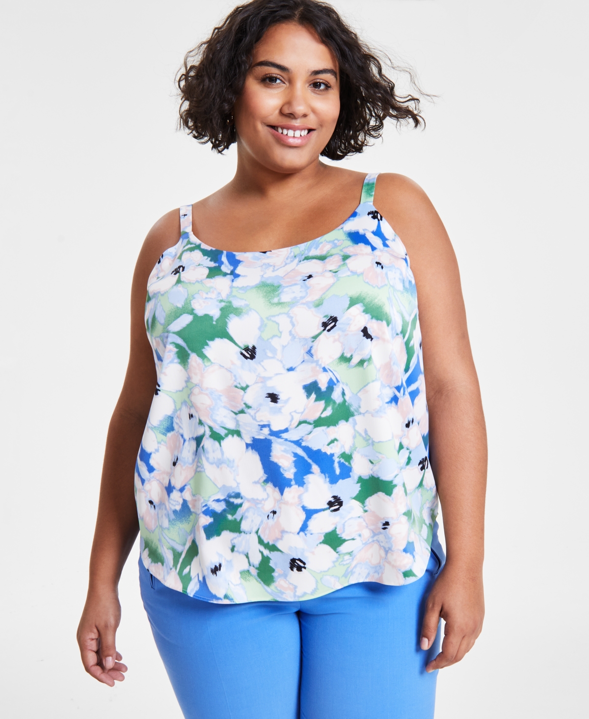 Bar Iii Plus Size Floral Spaghetti-strap Camisole, Created For Macy's In Deft Blue Multi