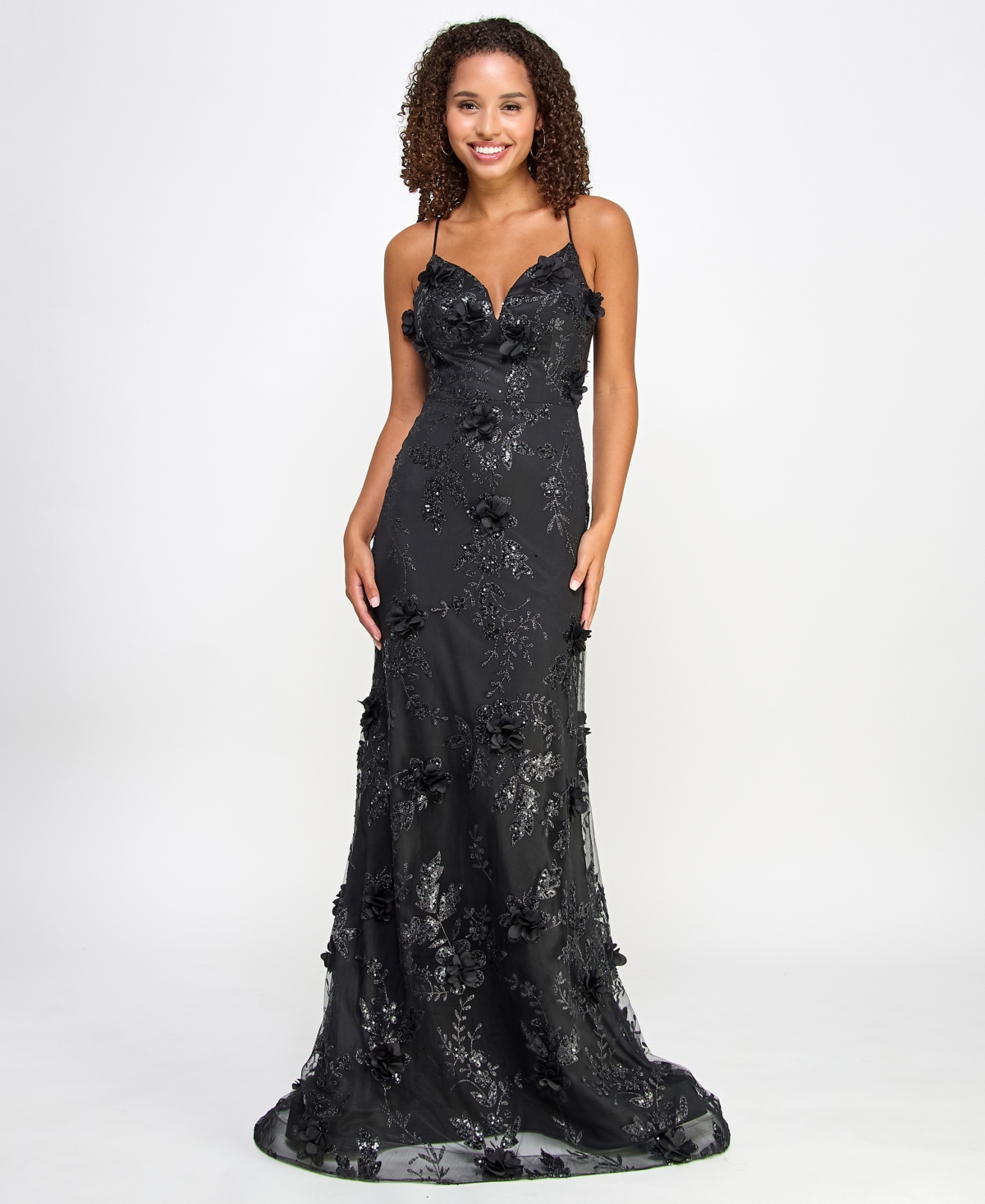 B Darlin Juniors' Embroidered Open-back Gown, Created For Macy's In Black,black,crystal