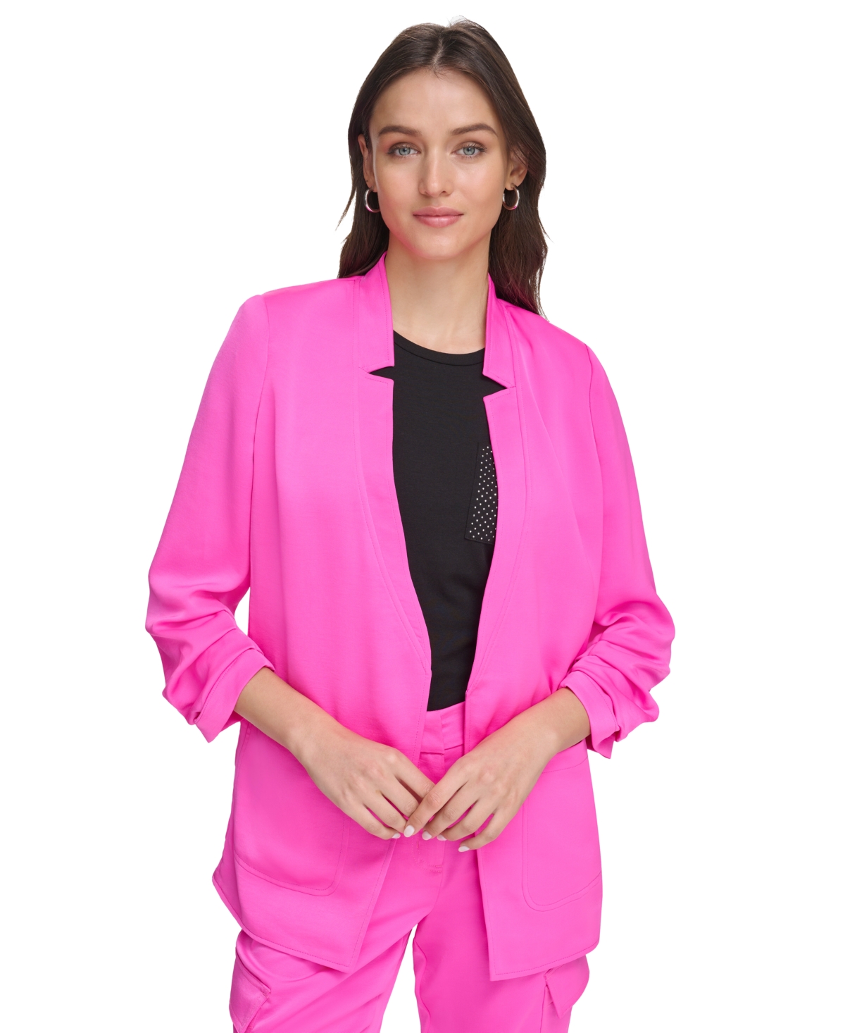 Dkny Women's Ruched-sleeve Relaxed Jacket In Shocking Pink