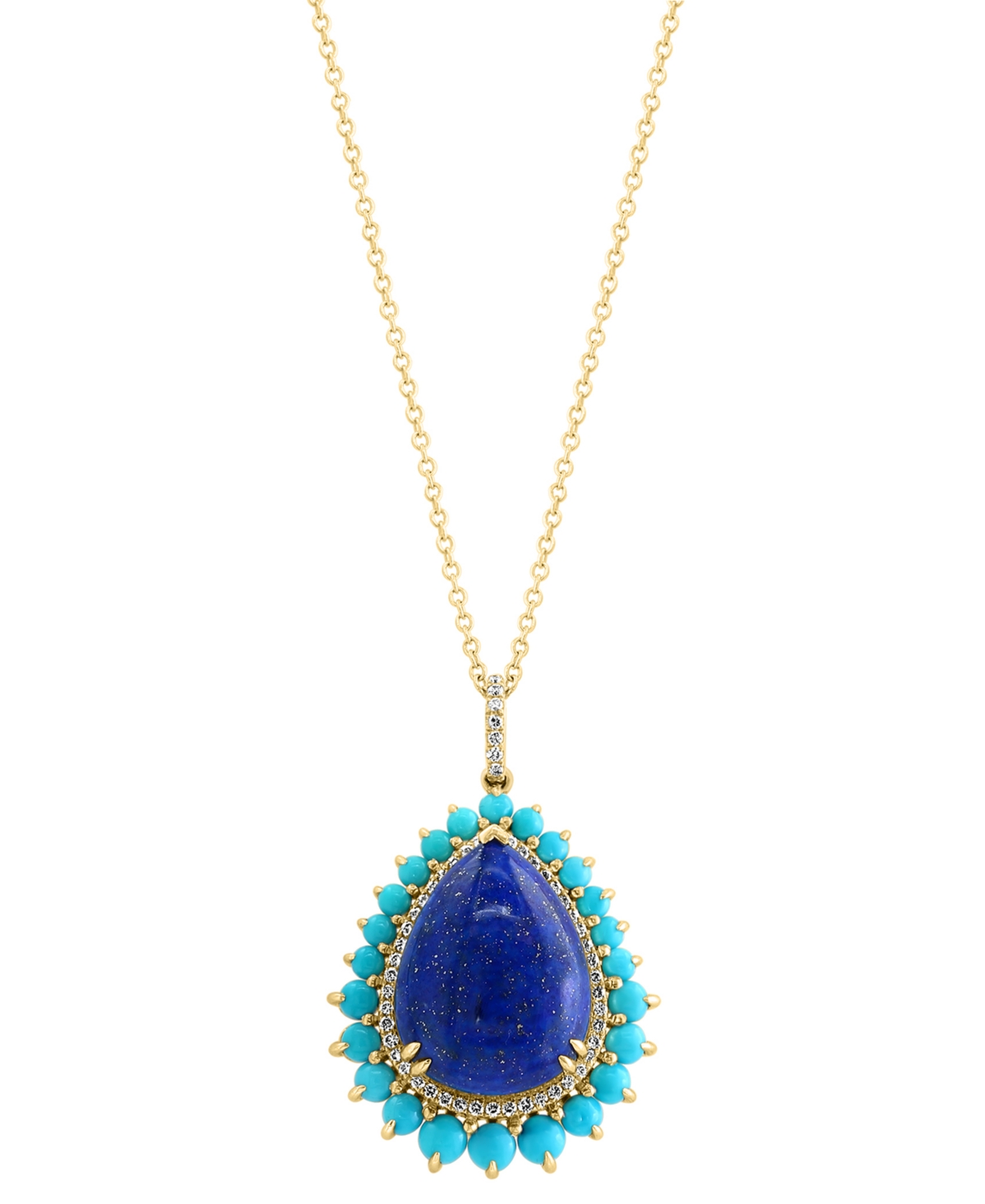 Effy Collection Effy Lapis Lazuli, Turquoise, & Diamond (1/5 Ct. T.w.) Pear Halo 18" Pendant Necklace In 14k Gold