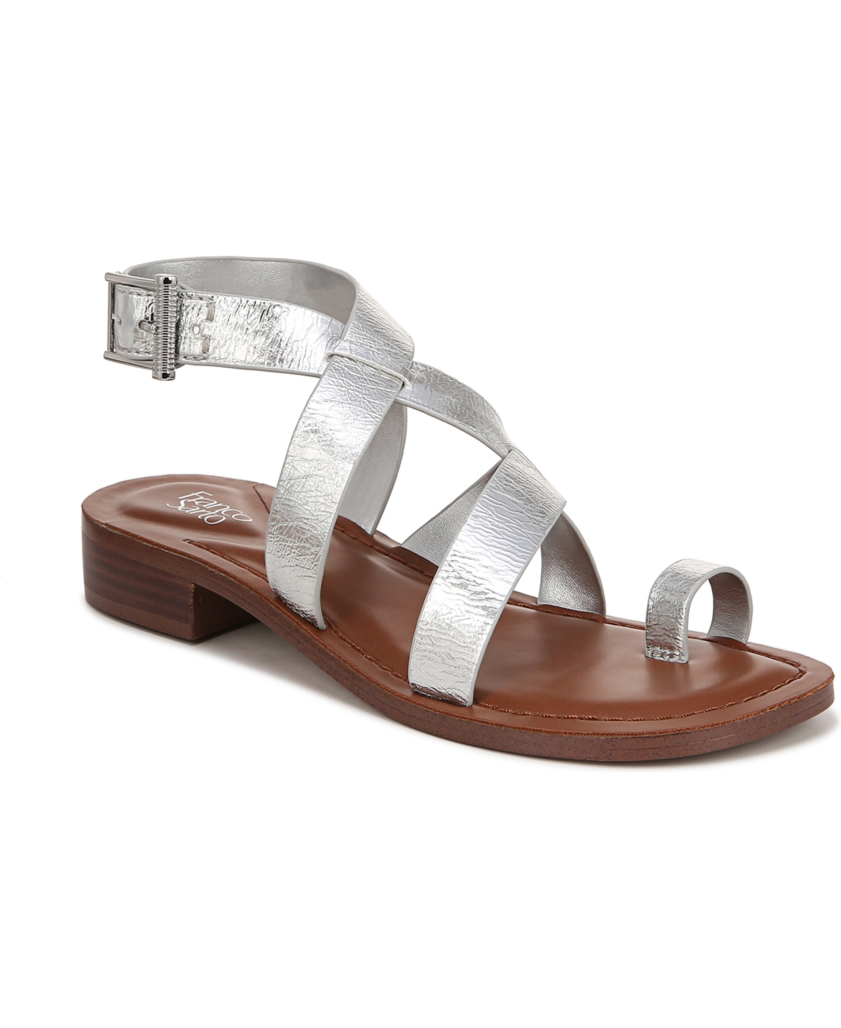 Shop Franco Sarto Women's Ina Toe Loop Ankle Strap Stacked Heel Sandals In Silver Faux Leather