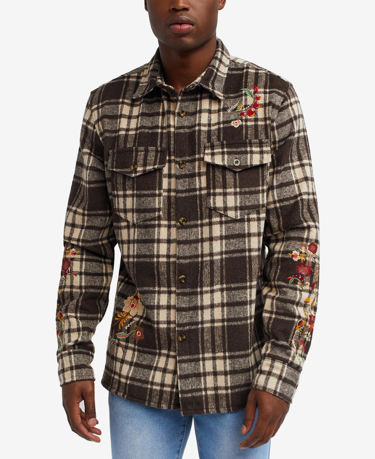 Reason Men's Botanic Embroidered Long Sleeves Overshirt In Brown