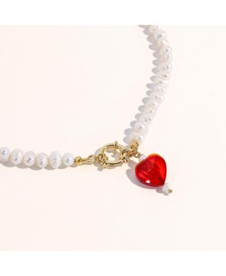 Freshwater Pearl Necklace with Red Heart Charm & 18K Plated Clasp