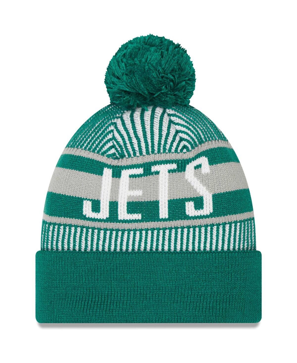 Shop New Era Men's  Green New York Jets Striped Cuffed Knit Hat With Pom
