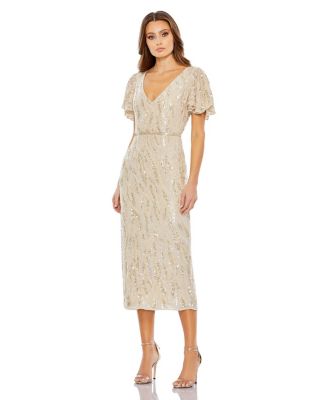macy's tea party dress Women's Sequined V Neck Flutter Sleeve Tea Length Dress