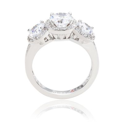 Suzy Levian Sterling Silver Cubic Zirconia White Three Stones Halo Center Stone Ring