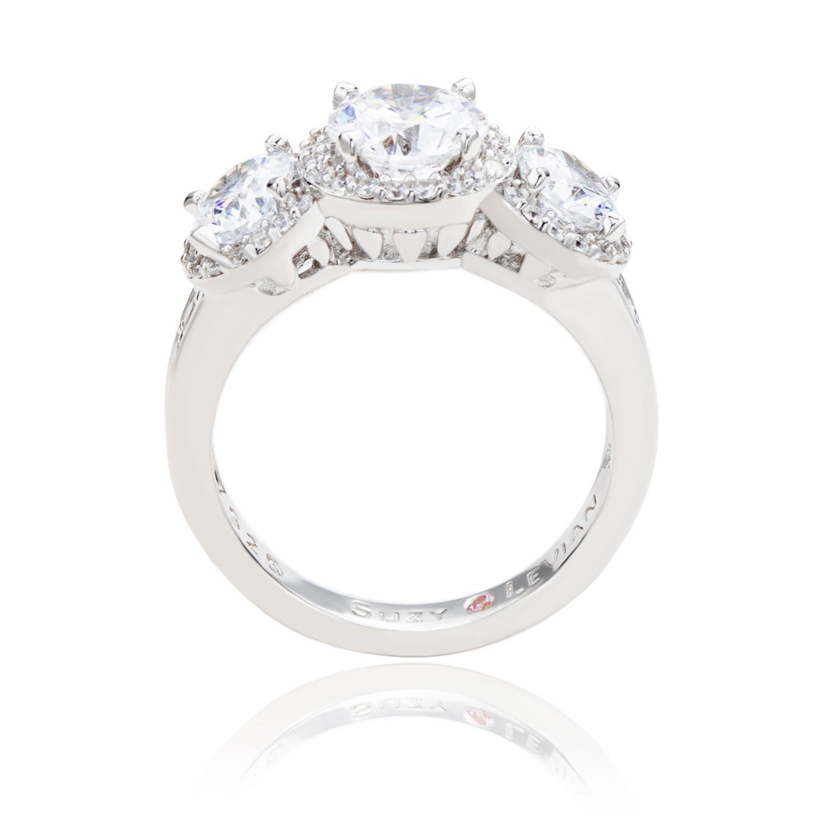 Suzy Levian New York Suzy Levian Sterling Silver Cubic Zirconia White Three Stones Halo Center Stone Ring