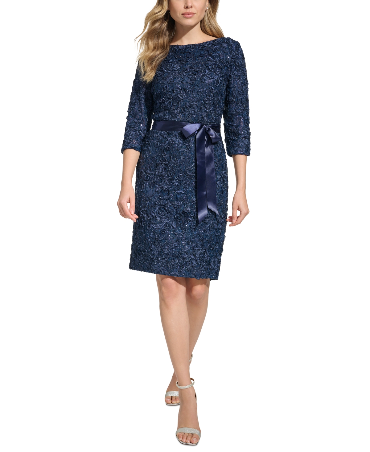 Jessica Howard Petite 3/4-sleeve Lace Dress In Navy