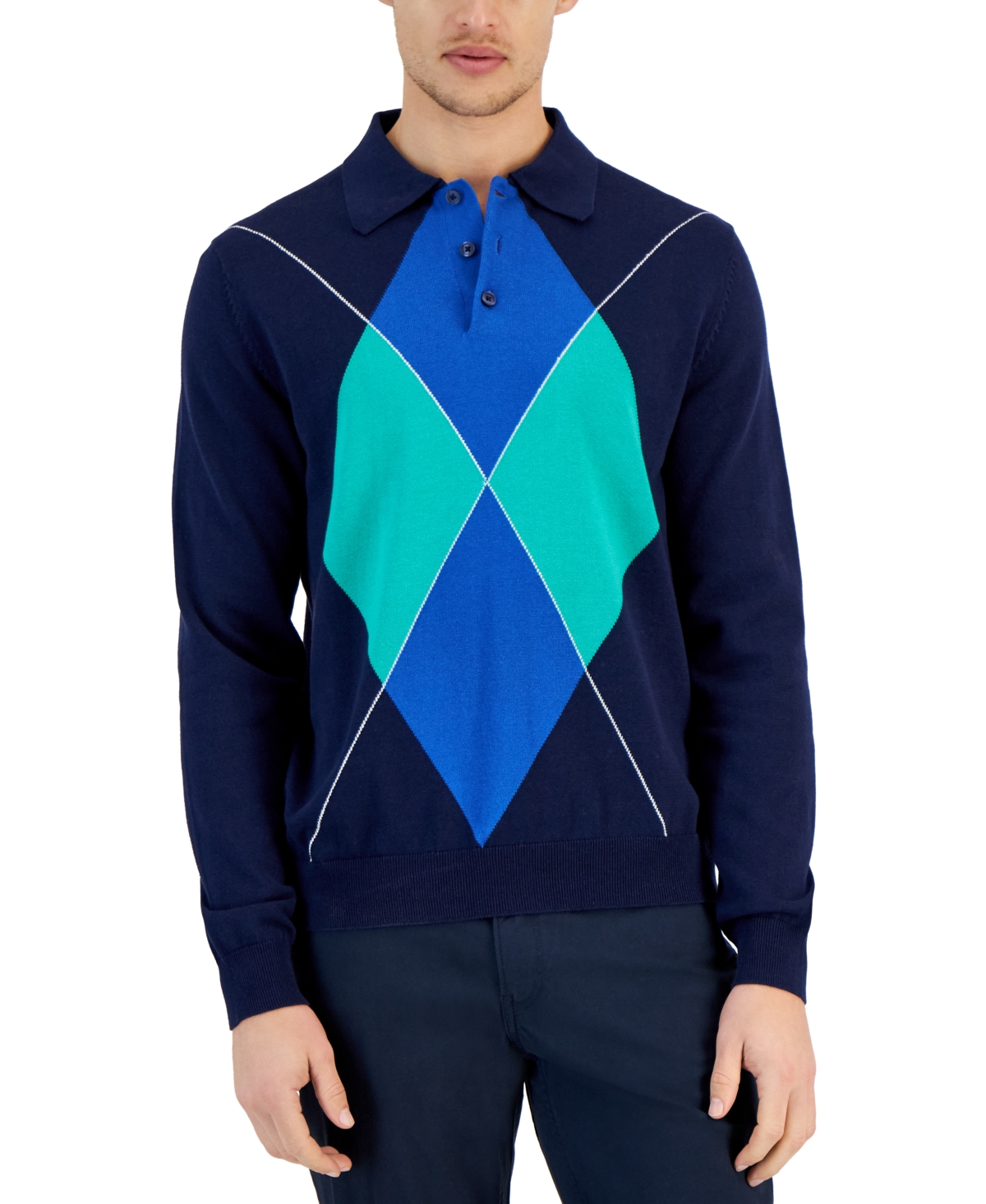 Men's Argyle Long Sleeve Rugby Sweater, Created for Macy's - Navy Blue