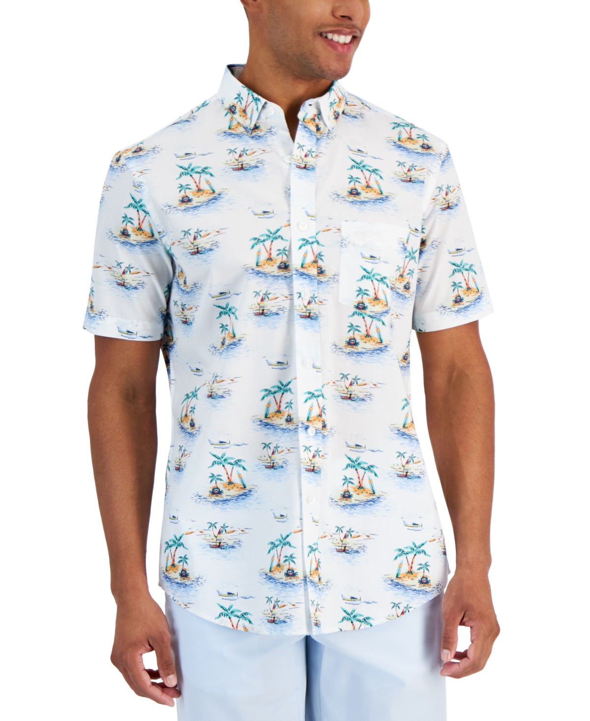 Club Room Men's Palm-tree Islands Graphic Shirt, Created For Macy's In Bright White