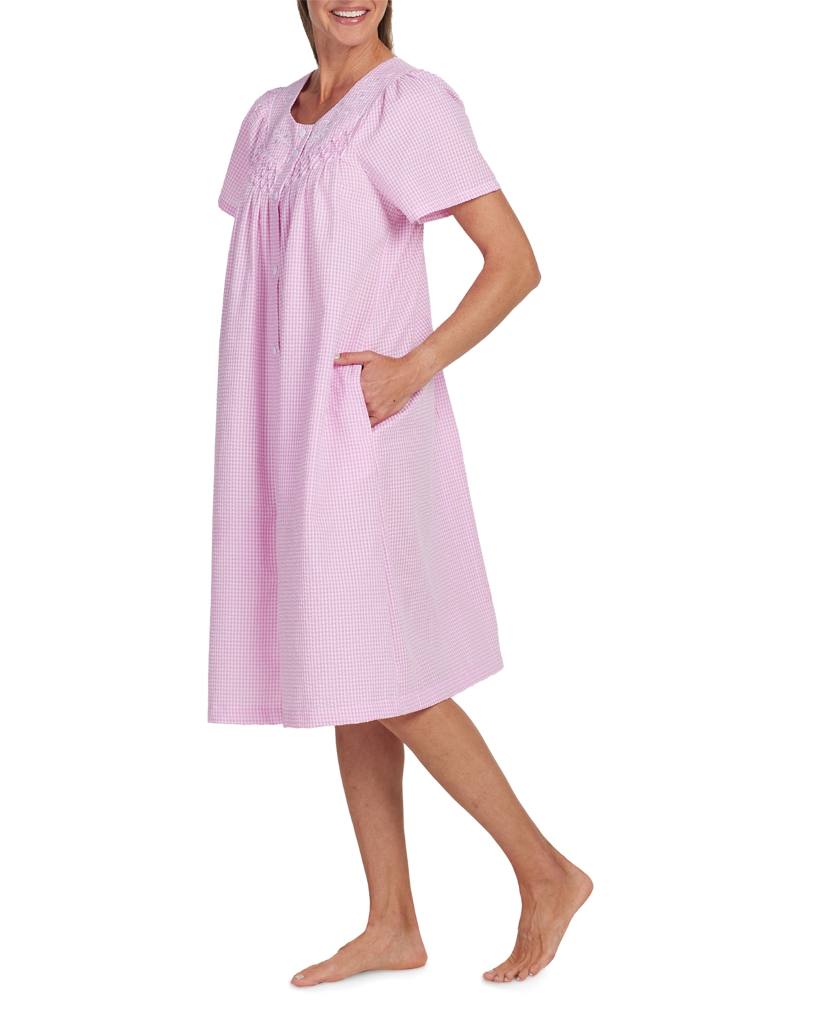 Plus Size Embroidered Short Grip Robe - Pink White Check