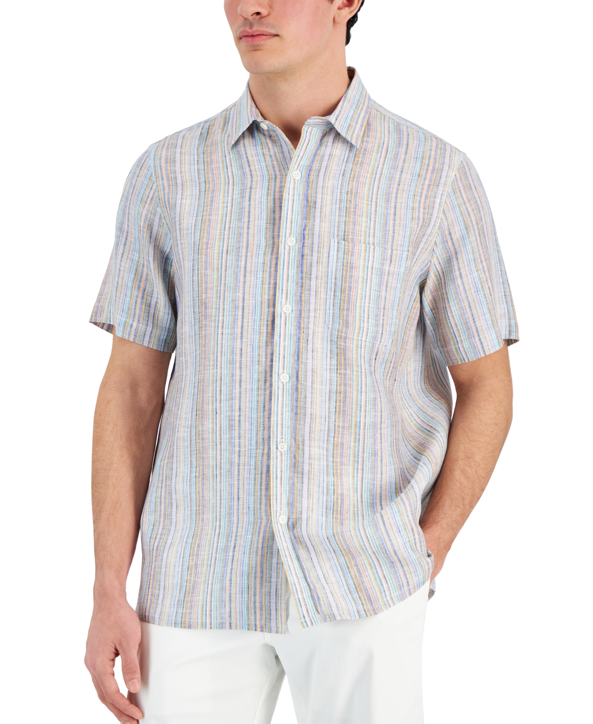 Club Room Men's Chroma Vertical Stripe Short-sleeve Button-front Linen Shirt, Created For Macy's In Gentle Lagoon