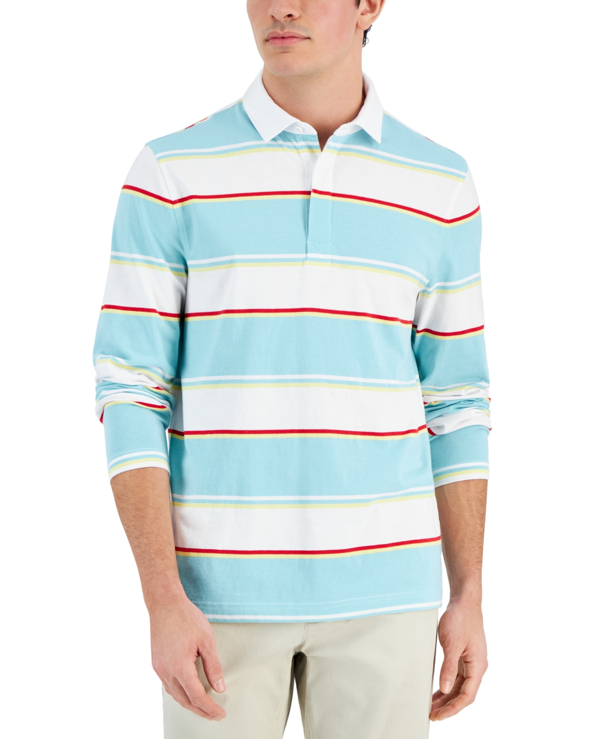 Men's Striped Long Sleeve Rugby Shirt, Created for Macy's - Aqua Reef