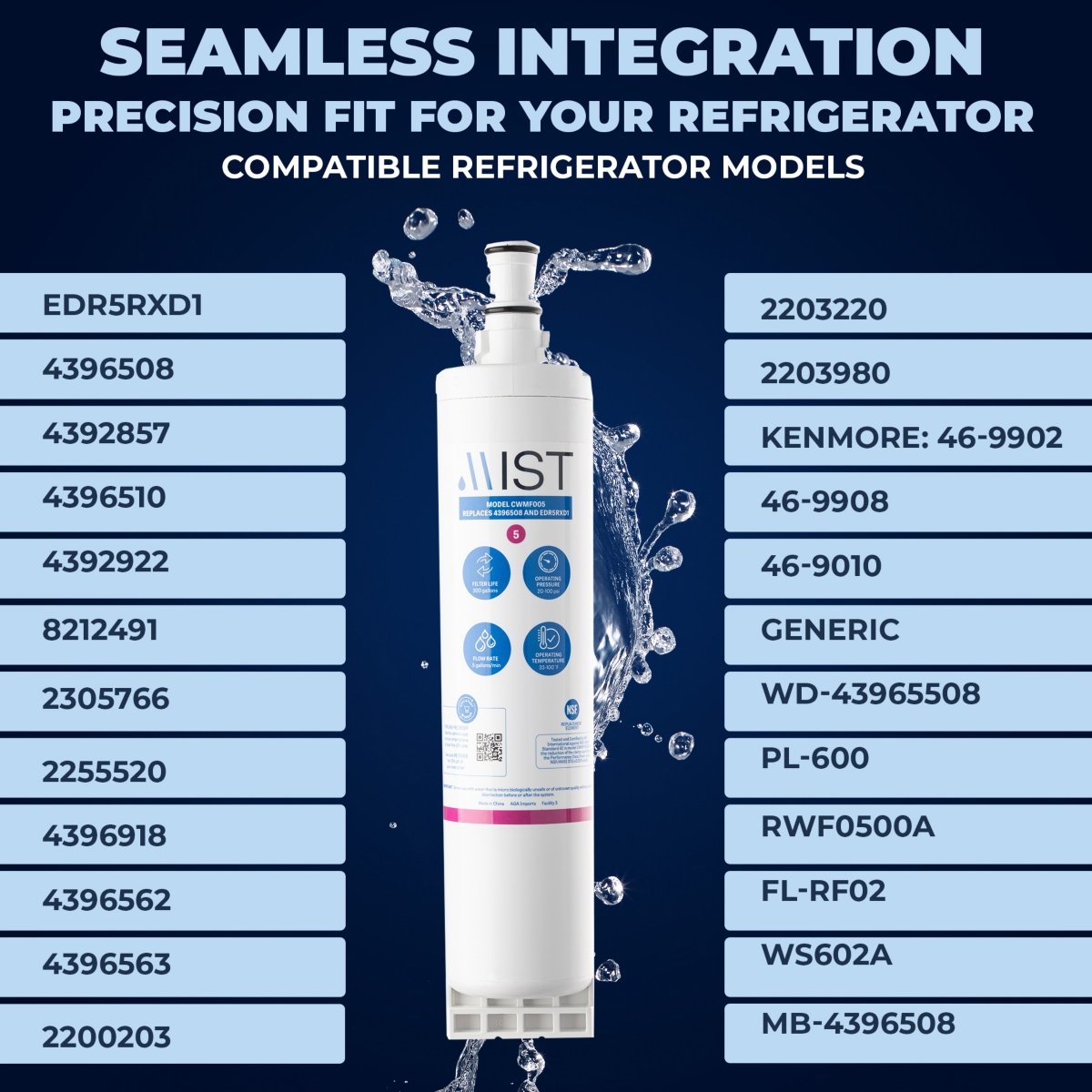 Mist 4396508 & EDR5RXD1 Water Filter Replacement, Compatible Whirlpool Models: 4396508, 4396510, Filter 5, Pur W10186668, NLC240V, Kenmore 46-9010, 90