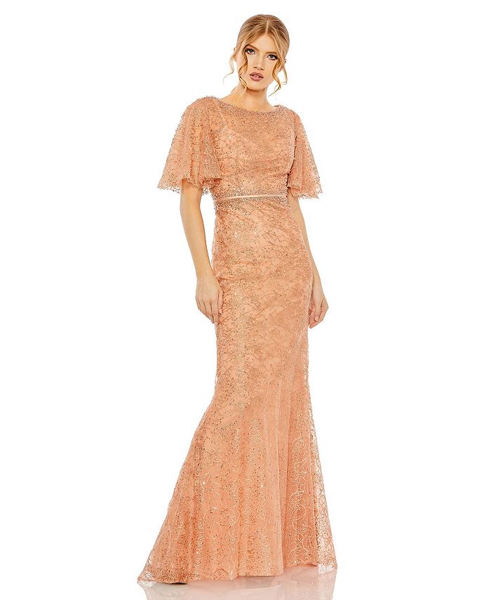 Mac Duggal Women s Embellished Neck Butterfly Sleeve Trumpet Gown