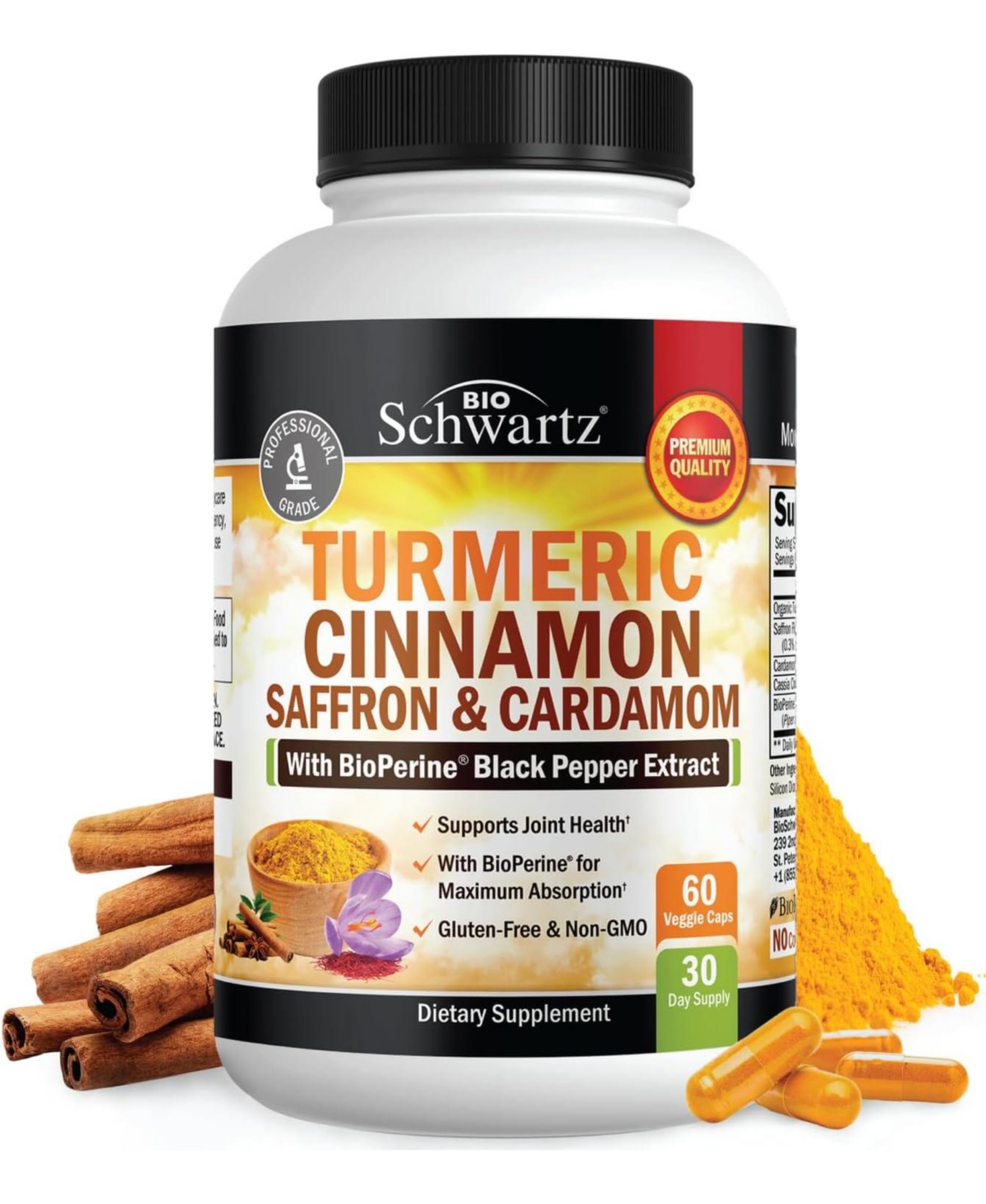 Turmeric Curcumin with Saffron, Cinnamon, BioPerine - Joint Support - 60ct