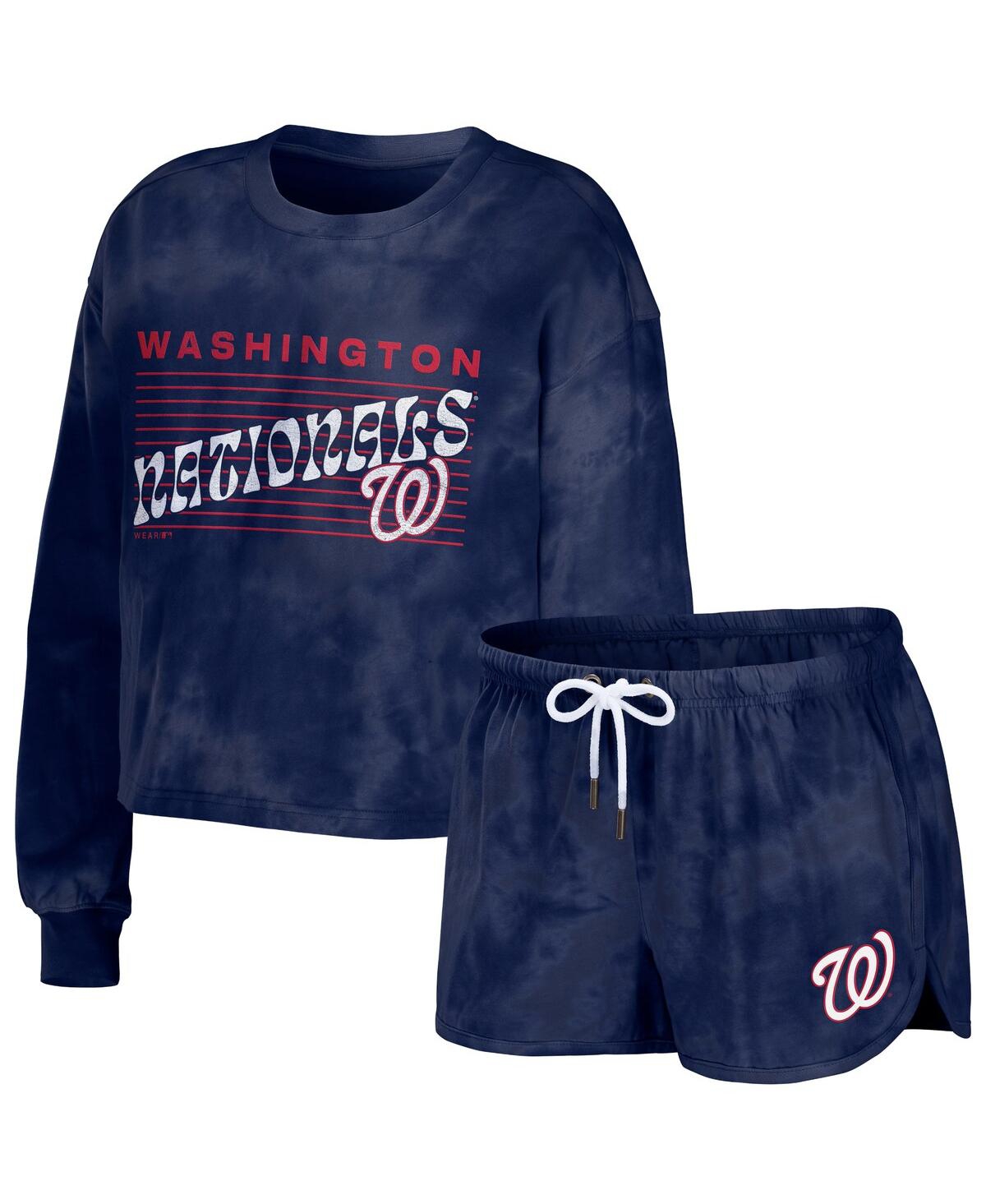 Women's Wear by Erin Andrews Navy Distressed Washington Nationals Tie-Dye Cropped Pullover Sweatshirt and Shorts Lounge Set - Navy