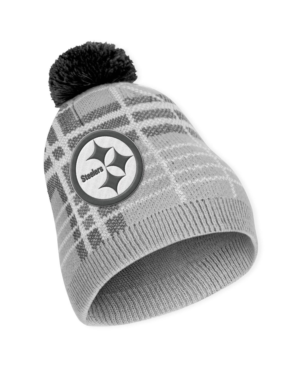 Shop Wear By Erin Andrews Women's  Pittsburgh Steelers Plaid Knit Hat With Pom And Scarf Set In Gray