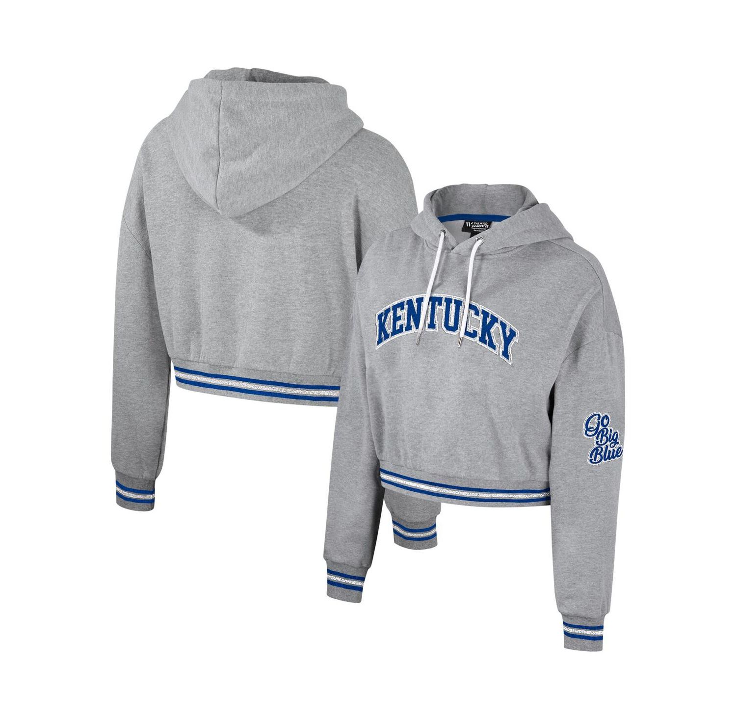 Women's Heather Gray Distressed Kentucky Wildcats Cropped Shimmer Pullover Hoodie