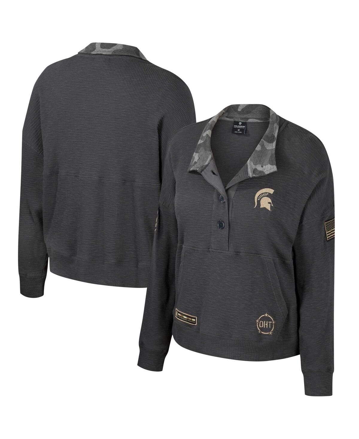Women's Colosseum Heather Charcoal Michigan State Spartans Oht Military-Inspired Appreciation Payback Henley Thermal Sweatshirt - Heather Charcoal
