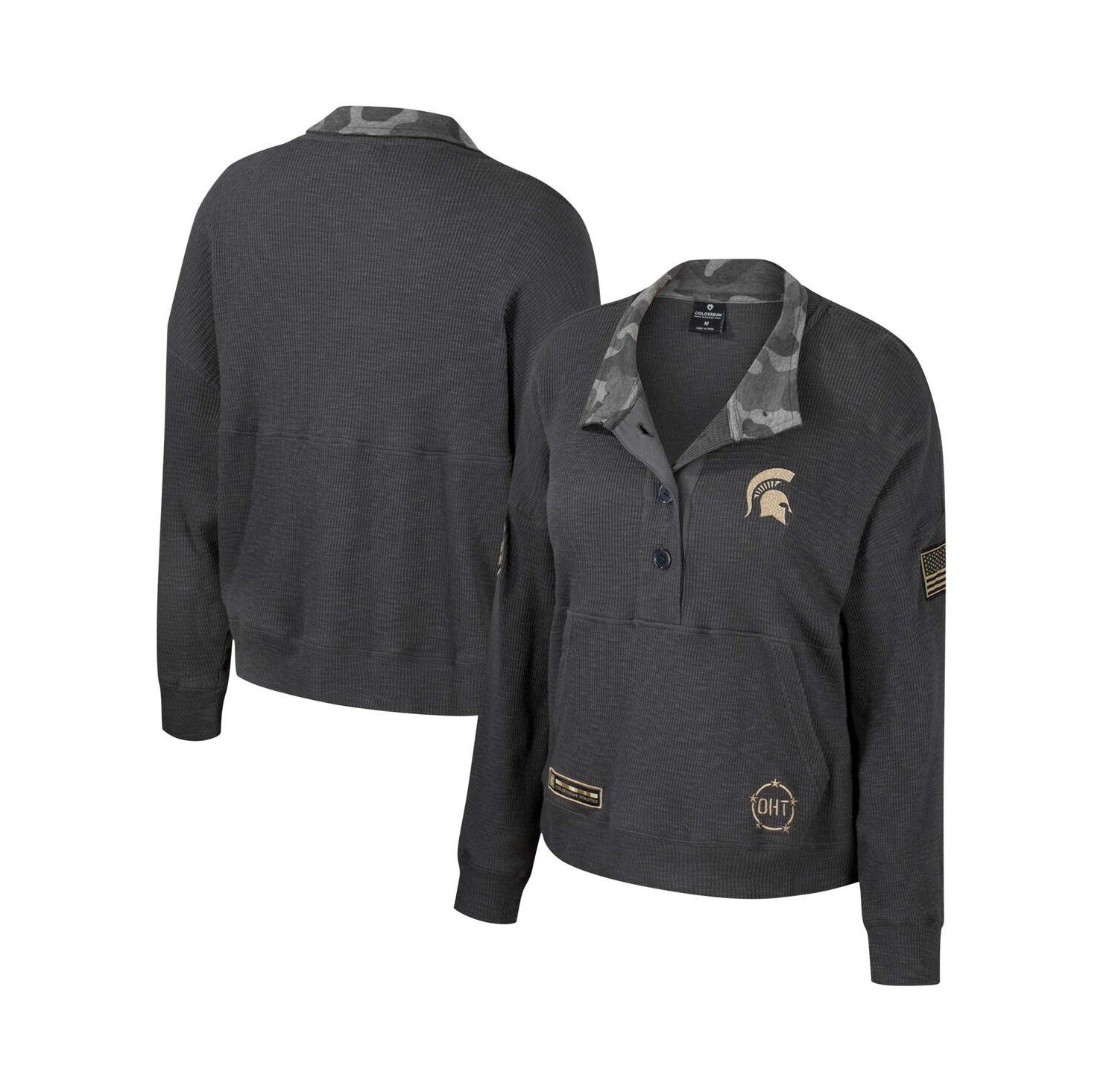 Women's Heather Charcoal Michigan State Spartans OHT Military-Inspired Appreciation Payback Henley Thermal Sweatshirt