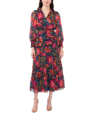 MSK - Petite Split-Neck Smocked-Trim Tiered Maxi Dress