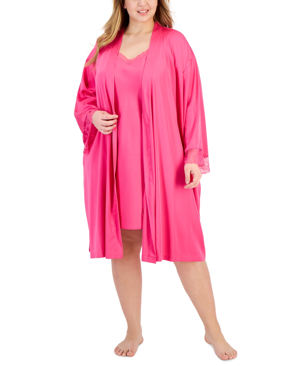 Inc International Concepts Plus Size Lace-trim Stretch Satin Robe, Created For Macy's In Divine Berry